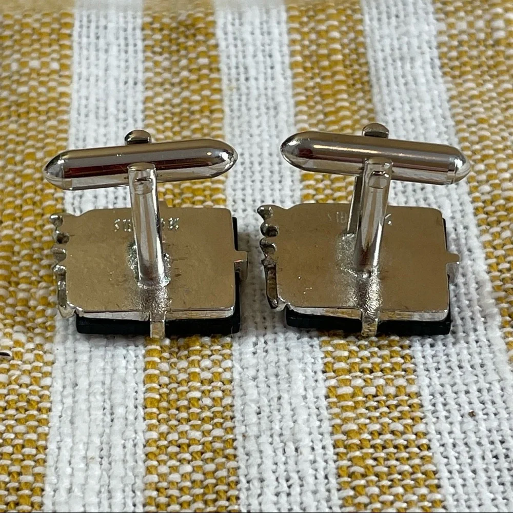Vintage SWANK Black and Silver Tone Cuff Links Tie Clip‎ Set Retro